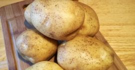 Una pequeña granja de Lituania. Papas de diferentes tamaños